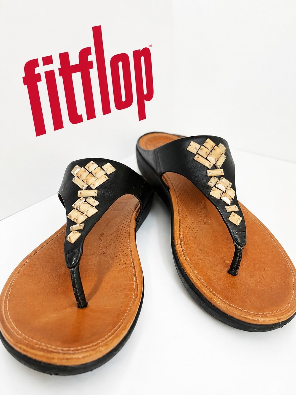 FitFlop Black Leather Toe-Post Sandals with Beige Tile Accents